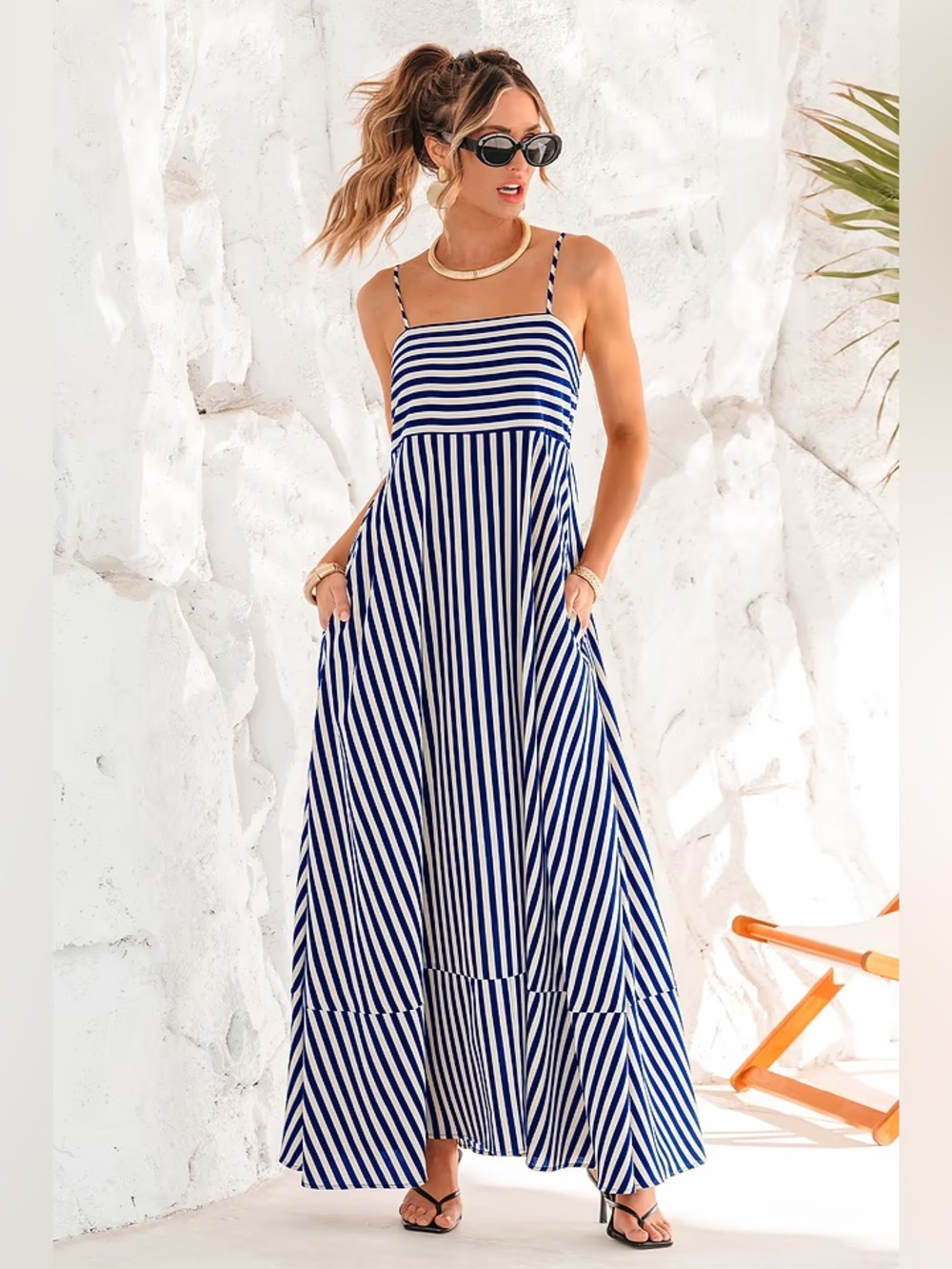 Cupshe:  Striped Navy and White Maxi Sundress - Women's Spaghetti Strap Dress